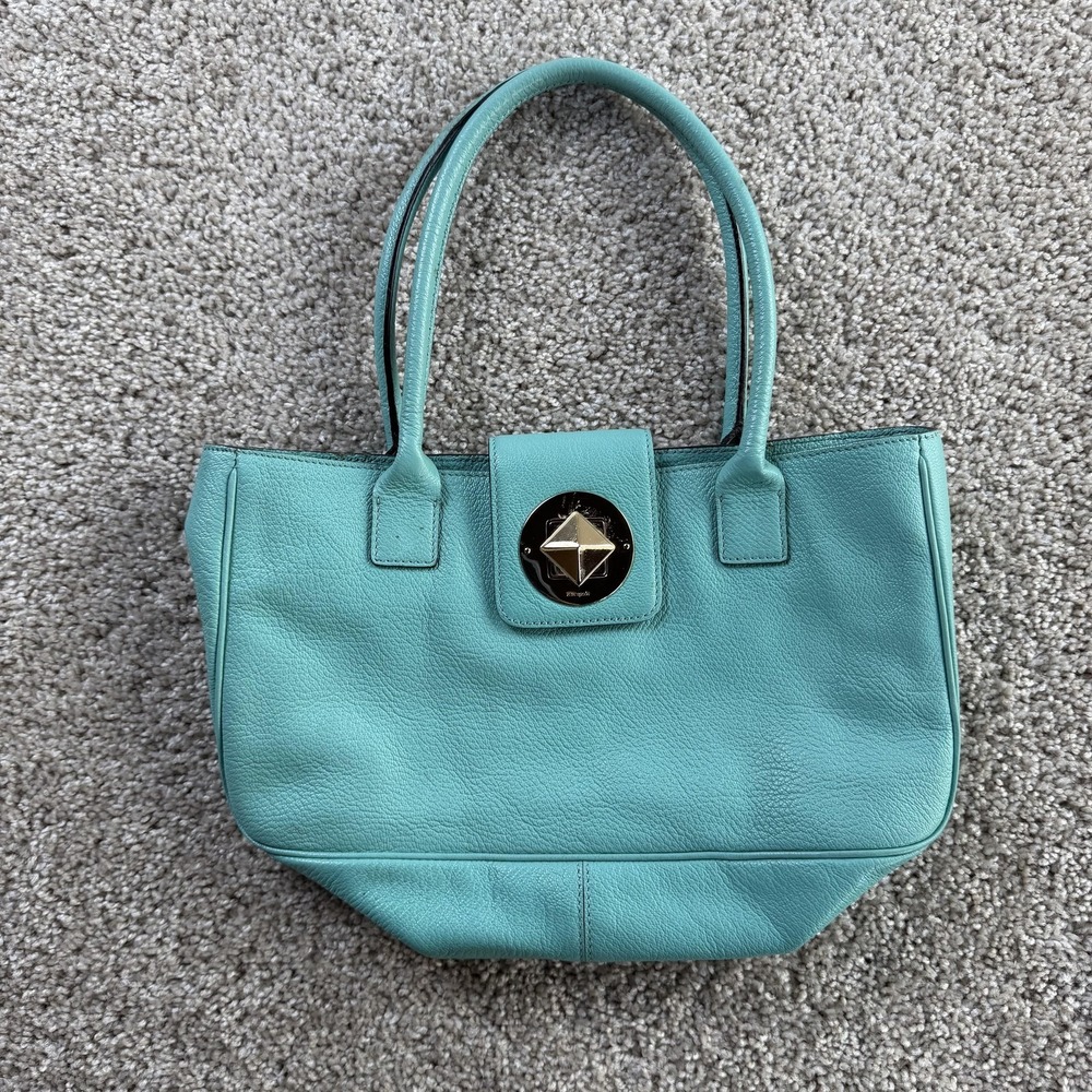 Kate Spade Tote Bag Womens Medium Turquoise Leather Clasp Shoulder Inner Pockets
